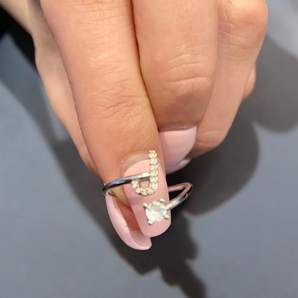 Sterling Silver Adjustable Ring With Letter J Solitaire Stone Sizes 7-10 - Picture 3 of 10